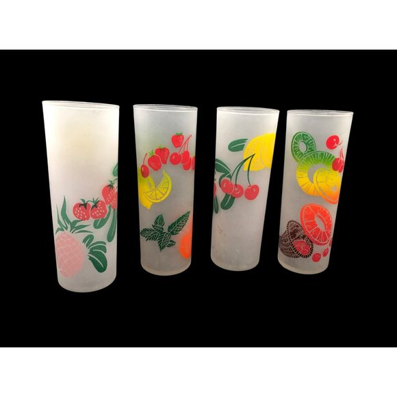Set Of 4 Mid Century Federal Frosted Tom Collins Glasses With Retro Fruit Design - Picture 2 of 16